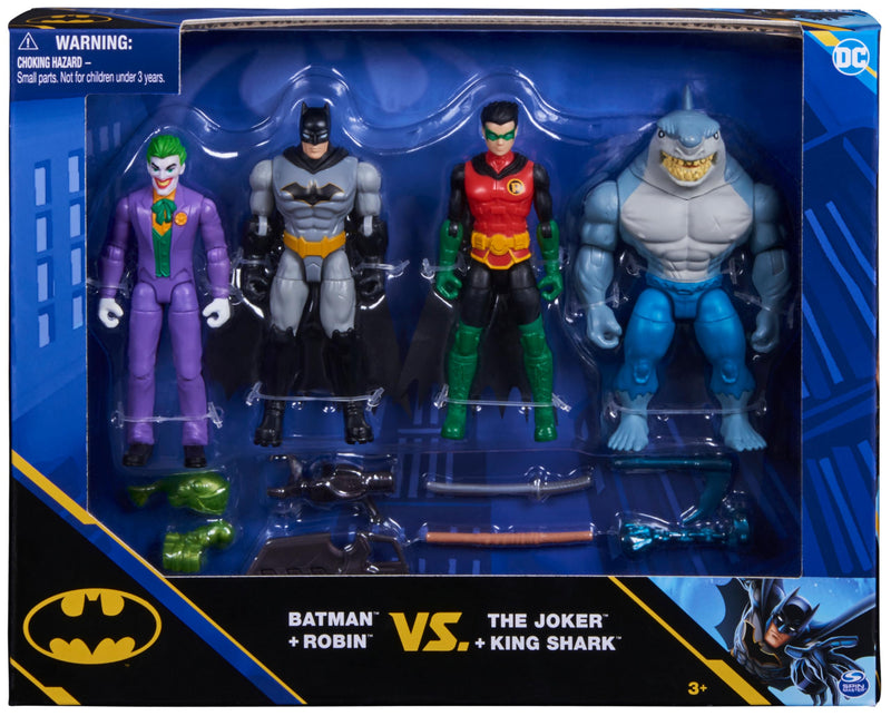 DC Comics, Batman and Robin vs. The Joker and King Shark, 4-inch Action Figures, Kids Toys for Boys and Girls Ages 3 and Up