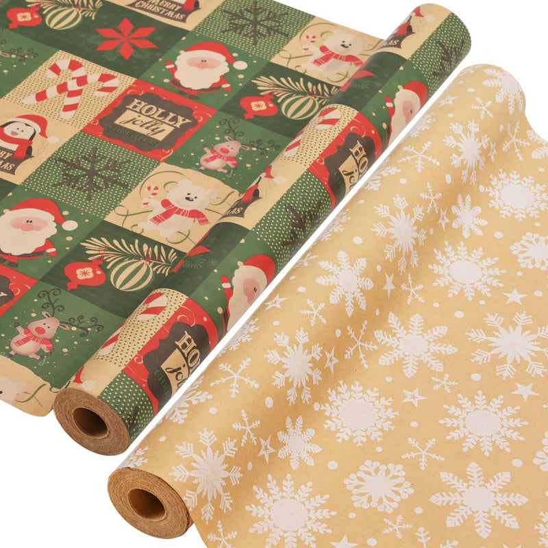 AhfuLife 2 Rolls Christmas Wrapping Paper for Gift, 43cm x 15M Xmas Wrapping Paper Rolls Recyclable Kraft Paper for Christmas Boxes Wrap Birthday Festival Party Decorations (Santa Claus/Snow) - Gift Guide