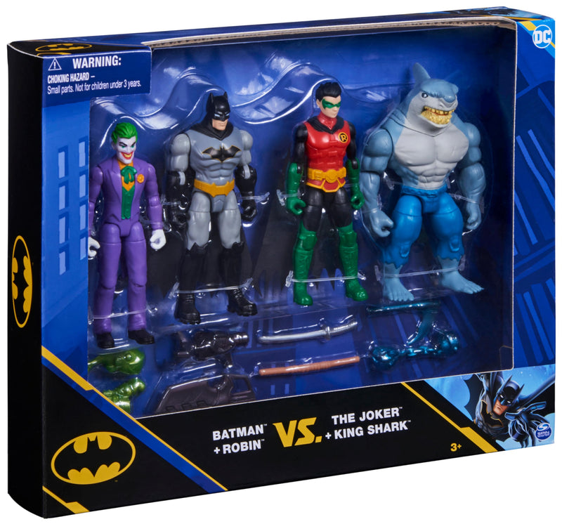 DC Comics, Batman and Robin vs. The Joker and King Shark, 4-inch Action Figures, Kids Toys for Boys and Girls Ages 3 and Up