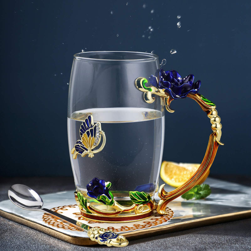 WD&CD Rose Butterfly Glass Tea Coffee Cups Mugs with Spoon and Coaster, Gifts for Her Girlfriend Wife Mum Women on Christmas Valentine's Day Mother's Day Anniversary, Blue Tall - Gift Guide