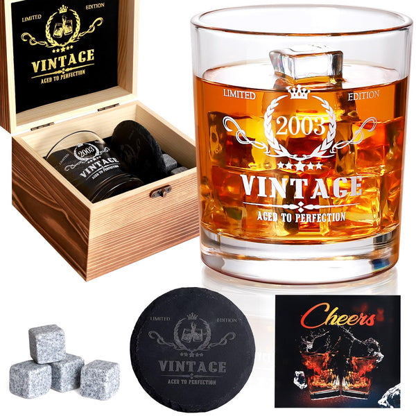 Tecanne 21st Birthday Gifts for Men, Vintage 2003 Whiskey Glass Set - 21 Years Anniversary, Bday Gifts Ideas for son, Husband, BoyFriend, Friends - Wood Box & Whiskey Stones & Coaster