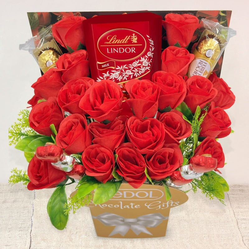 Chocolate Bouquet Gift Set Hamper with Lindor Truffles Chocolate, Heart Chocolates, Red Roses -Teachers Gifts, Birthday, Anniversary Chocolate Gift Bouquet for Her (Lindt Milk Chocolate)