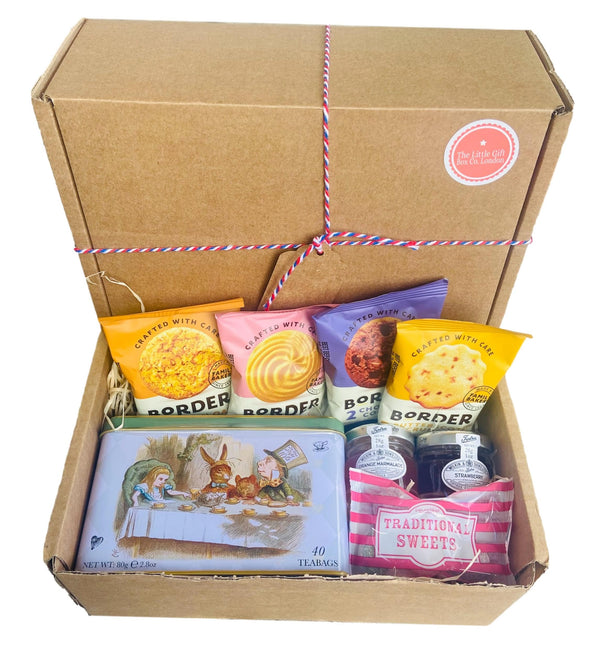 Afternoon Tea Gift Hamper with biscuits and Alice In Wonderland Collectable Tin, Jam And Marmalade And Border Biscuit Selection. Gift Ready. - Gift Guide