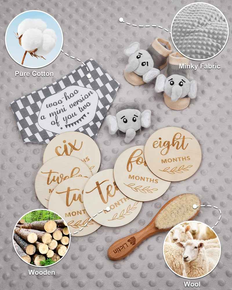 Lictin Baby Gift Set for Boys Girls, 14PCS Baby Shower Gifts, Neutral Newborn Gifts Basket with Baby Blanket, Wooden Monthly Milestone Cards, Elephant Security Blanket (Grey, 14pcs) - Gift Guide