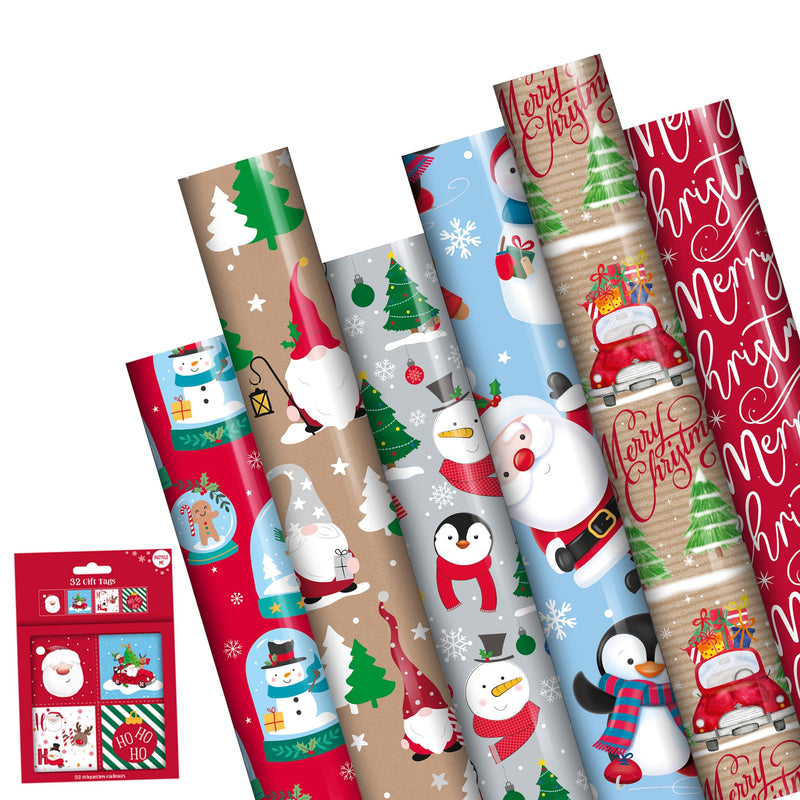 6 x Christmas Wrapping Paper Roll Cute and Traditional Xmas Wrap Total 42 Meters With 20 Gift Tags - 70cm x 7M - Made in Denmark - Gift Guide