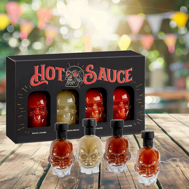 Hot Sauce Gift Set for Mens Gifts - Chilli Skull Spicy Sauce Heat Pack of 4 Different Flavour Sauce Bottle Gift with Topline Card. Christmas Gifts for Men, Stocking Fillers, Birthday Gifts for Women - Gift Guide