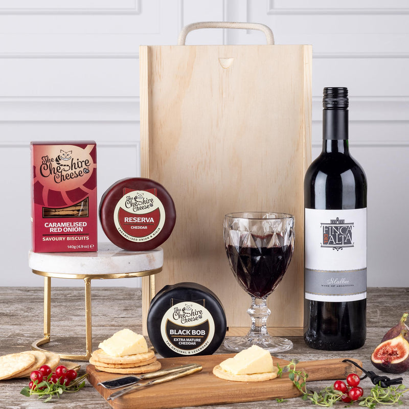 Cheshire Cheese Company | Duo of Cheese and Wine Gift Box – The Perfect Night In | Award Winning 2 Cheeses, 1 Biscuits & Red Wine Gift Set in Presentation Box | Luxury Food Hamper for Birthdays & more - Gift Guide