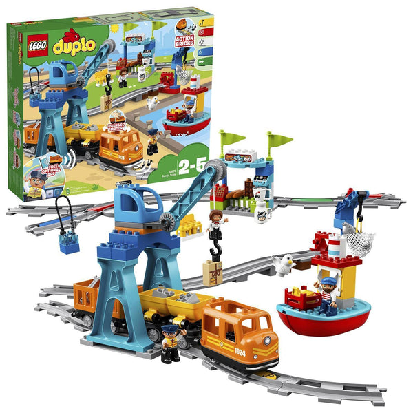 LEGO DUPLO Town Cargo Train Set with Sound & Light, Direction & Stop Action Bricks, Push & Go Motor and Moving Crane Toy, Gifts for 2-5 Year Old Kids, Boys & Girls 10875