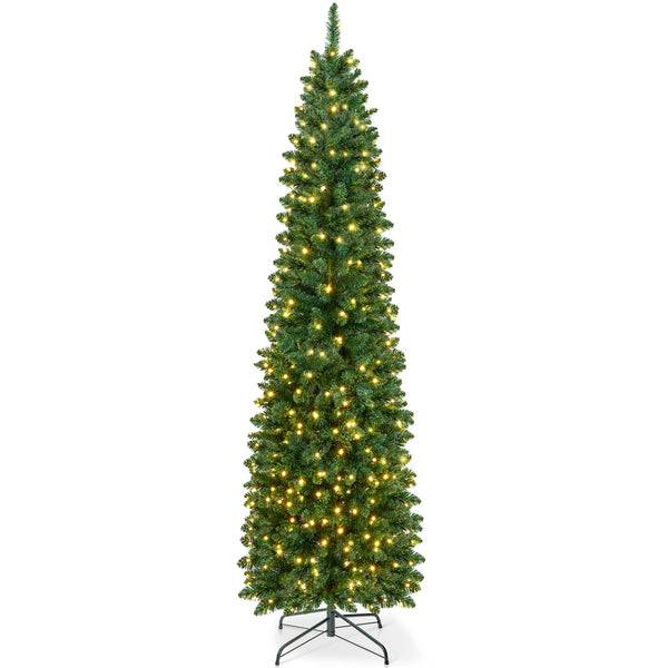 VeryMerry 6FT Pre Lit Christmas Tree Aspen Slim Pencil Tree with 300 Built-In Warm White LED Lights with Auto-Off Timer, 8 Lighting Modes and Foldable Metal Stand - Gift Guide