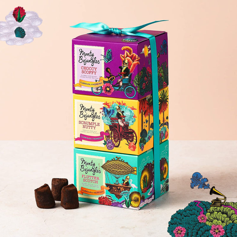 Monty Bojangles Cocoa Dusted Truffles Gift Tower (3 x 100g Pack) - 3 Luxury Chocolate Truffle Boxes - Choccy Scoffy, Scrumple Nutty & Flutter Scotch - The Perfect Chocolate Gift Box Selection - Gift Guide