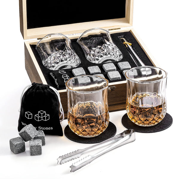 Qinhai Whiskey Stones Glass Gift Set, 2 Bourbon Glasses and 8 Granite Ice Cubes, Christmas Valentines Fathers Day Birthday Santa for Men Dad Him Grandad Teacher Boyfriend - Gift Guide