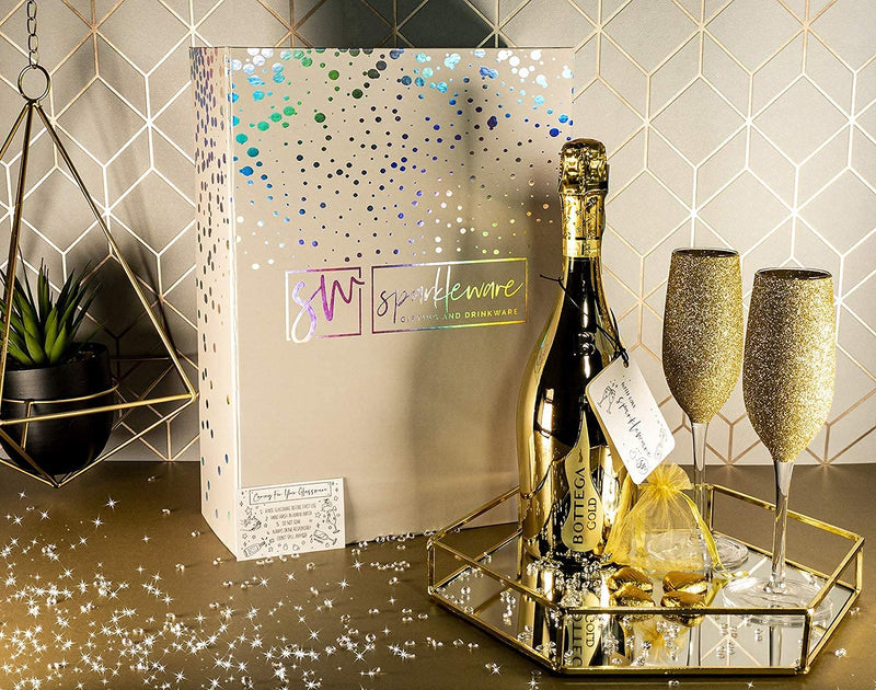 Bottega Gold Prosecco DOC 75cl Gift Set Hamper With Matching Sparkling Gold Champagne Flutes, Chocolates And Gift Box - Golden Wedding Gift - With Personalised Gift Message (Sparkling Tops)