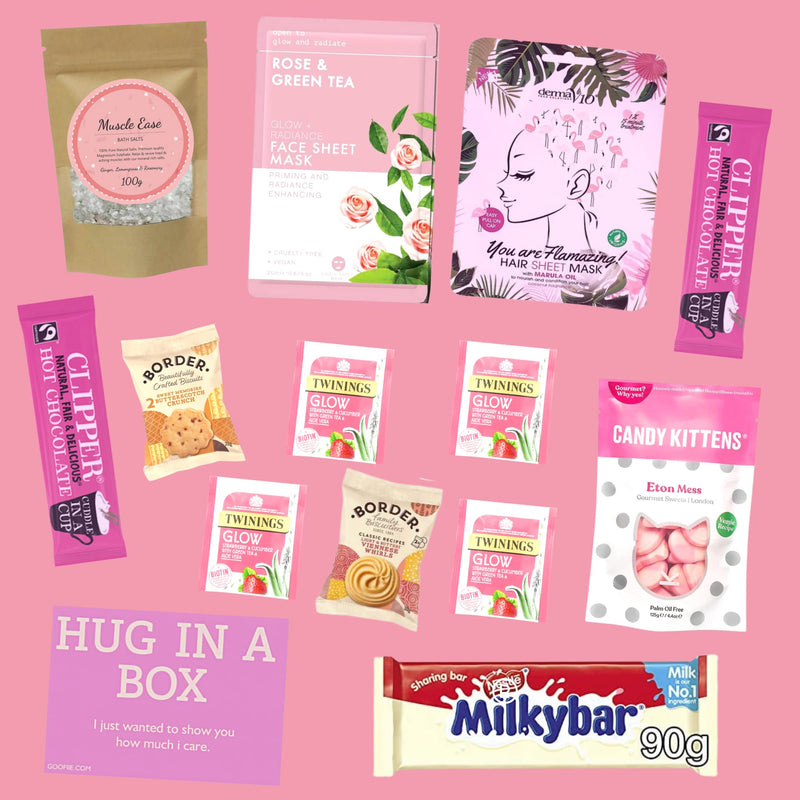 Hug in a box Care Package for her Pamper Gift Set for women with Bath Salts, Masks & Food for a Relaxation Spa day at home.