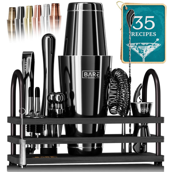 BARE BARREL® Cocktail Making Kit | 14-Piece Bartender Kit Cocktail Shaker Set Maker | Display Stand & 35 Recipe Cards | Mixology Cocktail Gift Set (800ml/28oz Boston Shaker, Jet Black/Black)