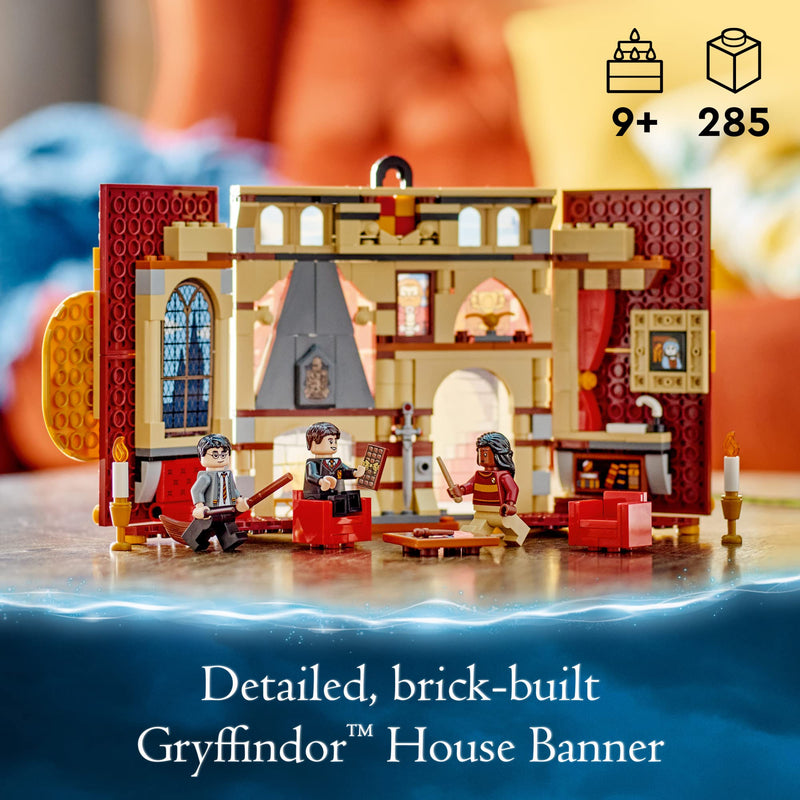 LEGO Harry Potter Gryffindor House Banner Set 76409, Hogwarts Castle Common Room Toy or Wall Display, Fold Up Travel Toy, Collectible with 3 Minifigures,Black,golden,Medium