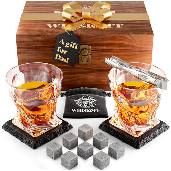 Whiskey Glass Set of 2 - Whisky Glass Gift includes Crystal Whisky Glass Sets, Chilling Stones, Slate Coasters in Handcrafted Wooden Box - Whisky Gift Sets for Men - Birthday Gifts for Men, Gift Set