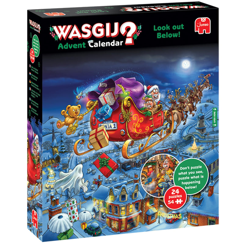 Wasgij Christmas Advent Calendar, Look Out Below! - 24 Days of Puzzles, Don't Puzzle What You See - Brainteasing 54 Piece Adults Puzzle & Comic Puzzle -100% Recycled Cardboard Jigsaw Puzzle for Adults - Gift Guide