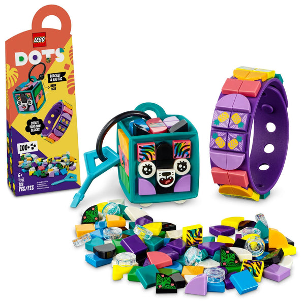 LEGO DOTS Neon Tiger Bracelet & Bag Tag 41945 DIY Craft Kit Bundle; A Creative Gift for Animal Fans Who Like to Make Keychain-Style Accessories; Fun Inspiration Set for Kids Aged 6+ (188 Pieces)