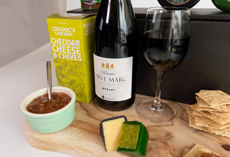 InterHamper | Wine and Cheese Hamper - Includes a hand picked bottle of Award Winning Merlot, a duo of Cheese Truckles, Pear and Plum Chutney and Crackers all presented in a Gift Box