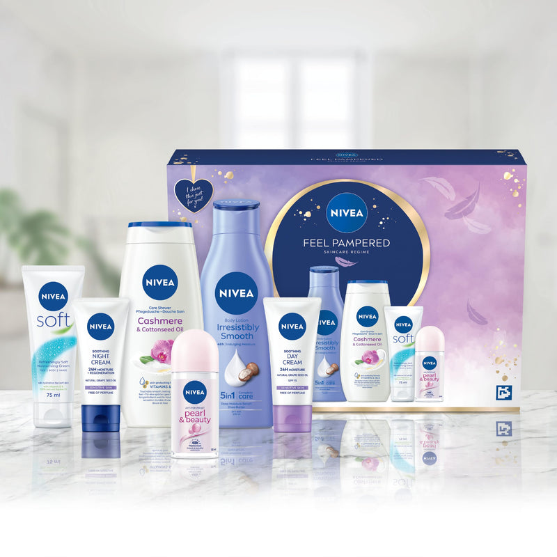 NIVEA Women's Feel Pampered Skincare Regime Gift Set, Includes Shower Cream, Anti-Perspirant, Body Lotion, Moisturising Day and Night Cream