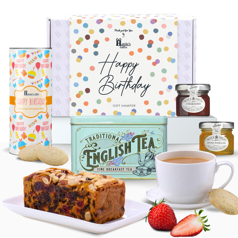 Hattie's Gifts Birthday Hamper with Afternoon Tea, Fruit Cake, Jams, and Biscuits Gift Set - Birthday Gifts for Women or Presents for Men - Tea Gift Set Hampers & Gourmet Gifts - Gift Guide