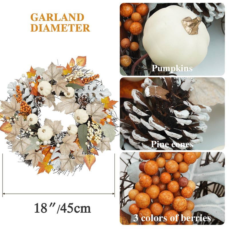Miaikoe 18 Inch Autumn Wreath Decoration for Front Door, Fall Neutral Wreath with Maple Leaf Berry Harvest Pumpkins Pinecones for Fall Thanksgiving Halloween Decorations 45cm (White&Brown) - Gift Guide
