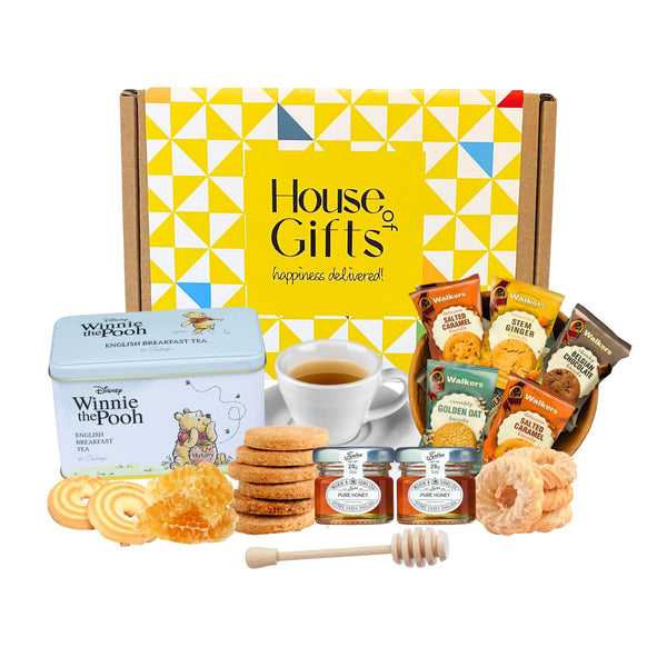 Winnie the Poo Tea Tin Gift Set Including 40 Breakfast Tea Bags, Border Biscuits, Honey Pots & House of Gifts Honey Spoon & Box - Gift Guide