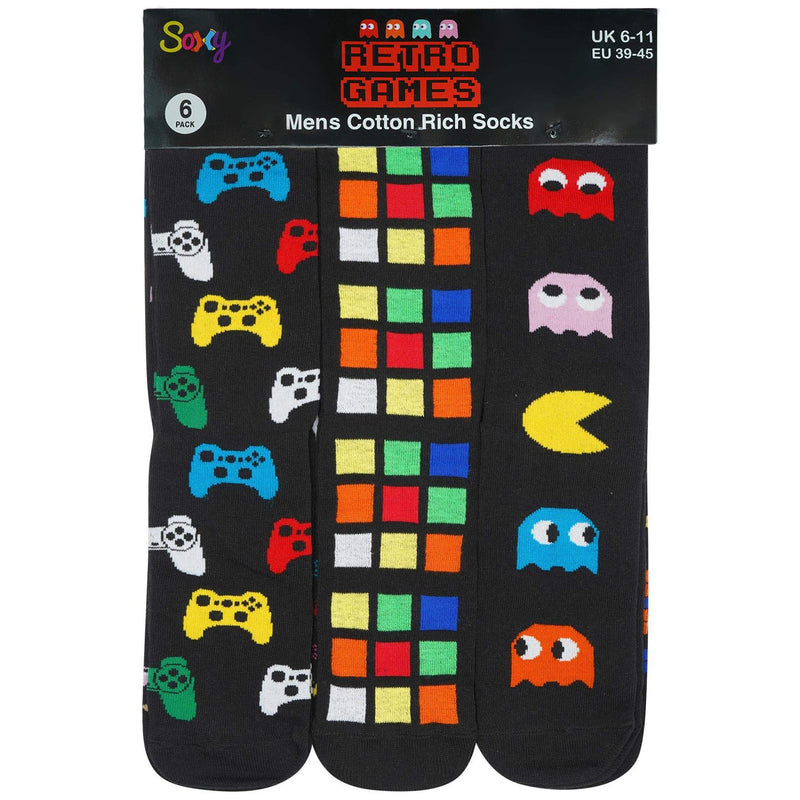 Mens 6 Pack Retro Games Socks Cotton Rich Designer Socks, Multi, UK 6-11 (EU 39-45) MENS