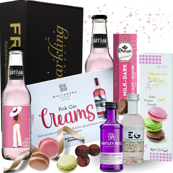 Pink Gin Gift Set - Gin Gifts for Women, Gin and Tonic Birthday Gifts for Her with Chocolate - Boxed Hamper Presents for Best Friend and Gin Lovers