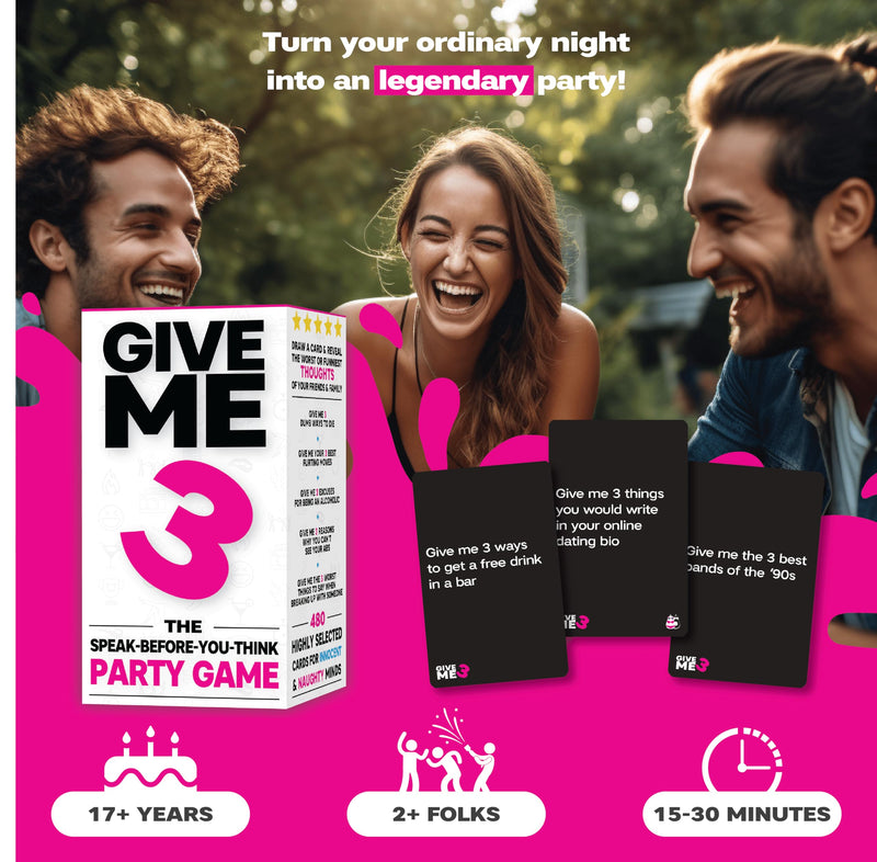 GIVE ME 3 - Fast Paced and Hilarious Adult Party Games | 2+ players | 10 Second Rule Games for Adults | Card Game for Adults