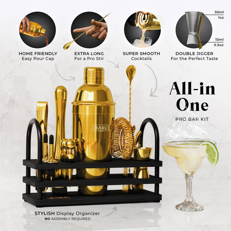 BARE BARREL® Cocktail Making Kit | 14-Piece Bartender Kit Cocktail Shaker Set Maker | Display Stand & 35 Recipe Cards | Mixology Cocktail Gift Set (675ml/24oz Cobbler Shaker, Yellow Gold/Black)