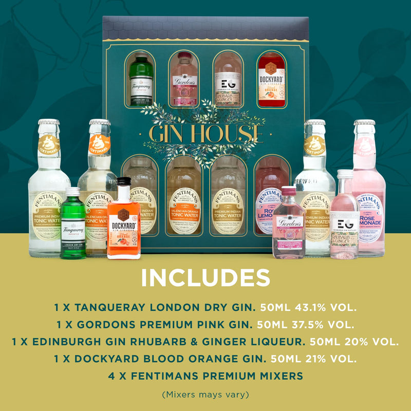 Gin Gift Set - Flavoured Gin 4x5cl Gordons Pink Gin, Edinburgh Gin Rhubarb and Ginger, Tanqueray Gin, Dockyard Orange Gin, 4x125ml Fentimans Tonic Cocktail Mixers - Gin Gifts for Women, Men, Christmas