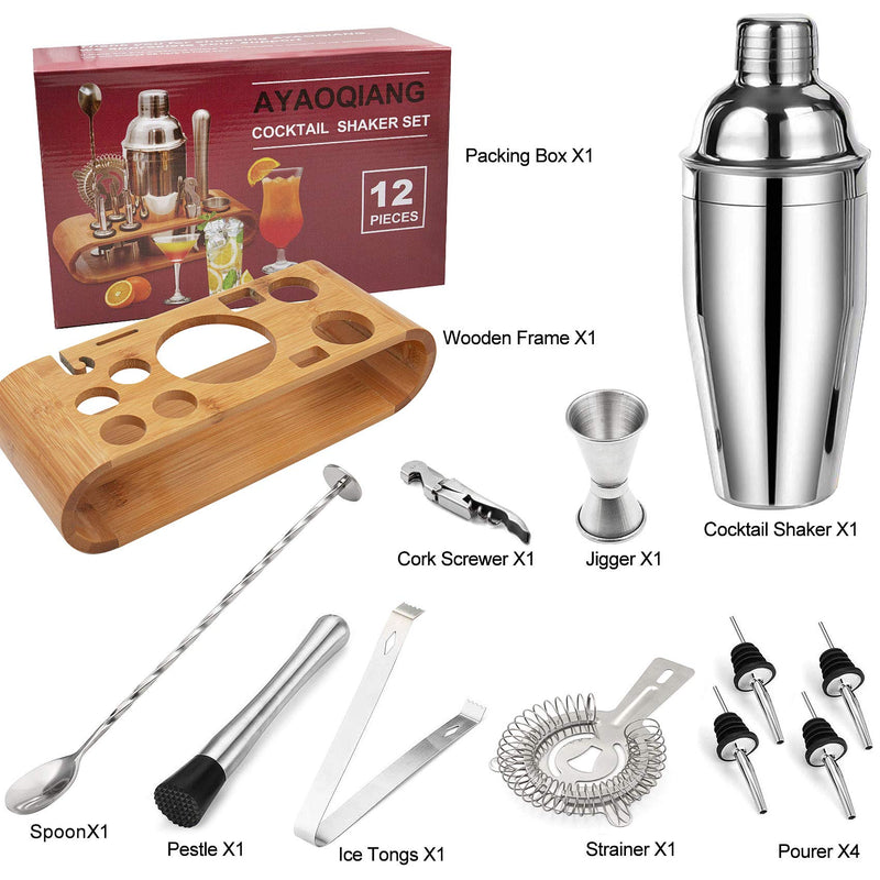 Cocktail Shaker Set,750 ML Stainless Steel Cocktail Mixing Set with Stand,Bartending Kit for Home,Bar,12 Pieces Bar Tool Kit for Christmas,Birthday,Anniversary,Weeding