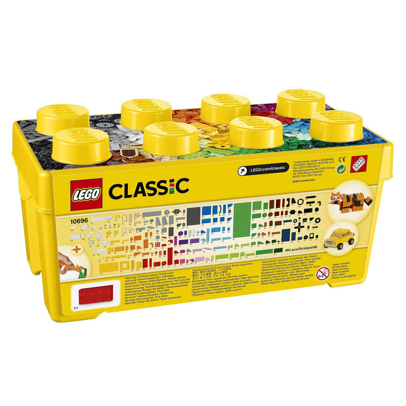 LEGO 10696 Classic Medium Creative Brick Box, Easy Toy Storage, Colourful Bricks Building Set, Toys for Kids, Boys & Girls Aged 4 Plus Years Old with Wheels, Windows, Eyes and a Green Base Plate