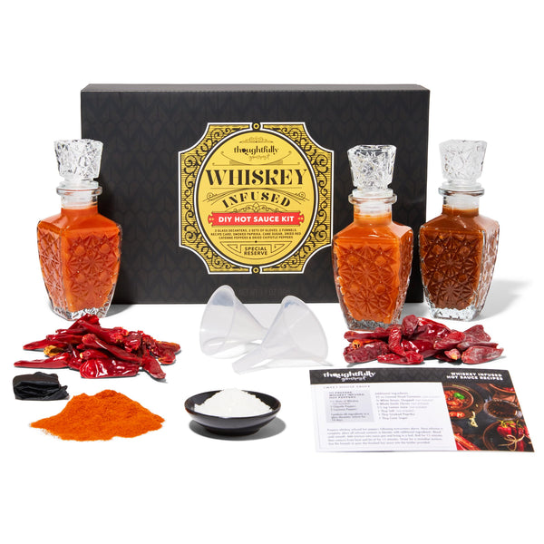 Thoughtfully Gourmet, Make Your Own Whiskey Infused Hot Sauce DIY Gift Set, Includes 2 Glass Decanters, Recipe Book, Gloves, 2 Funnels, Peppers, Spices and Seasonings (Contains NO Alcohol) - Gift Guide