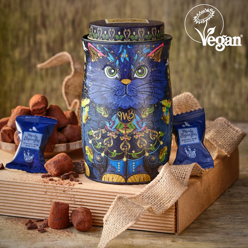 Monty Bojangles Midnight Prince Vegan Cocoa Dusted Truffles Cat Tin (135g) - Cocoa Nib Night Flavoured Luxury Vegan Dark Chocolatey Truffles - Collectable Cat Tin Chocolate Gift With Bespoke Design - Gift Guide