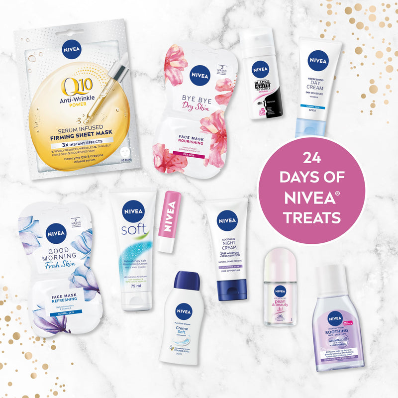 NIVEA Advent Calendar 2024, Women's Gift Set Includes Moisturiser, Face Masks, Lip Balms, Body Cream, Shower Gel, Anti-Perspirant, and More, Complete Skincare Set - Gift Guide