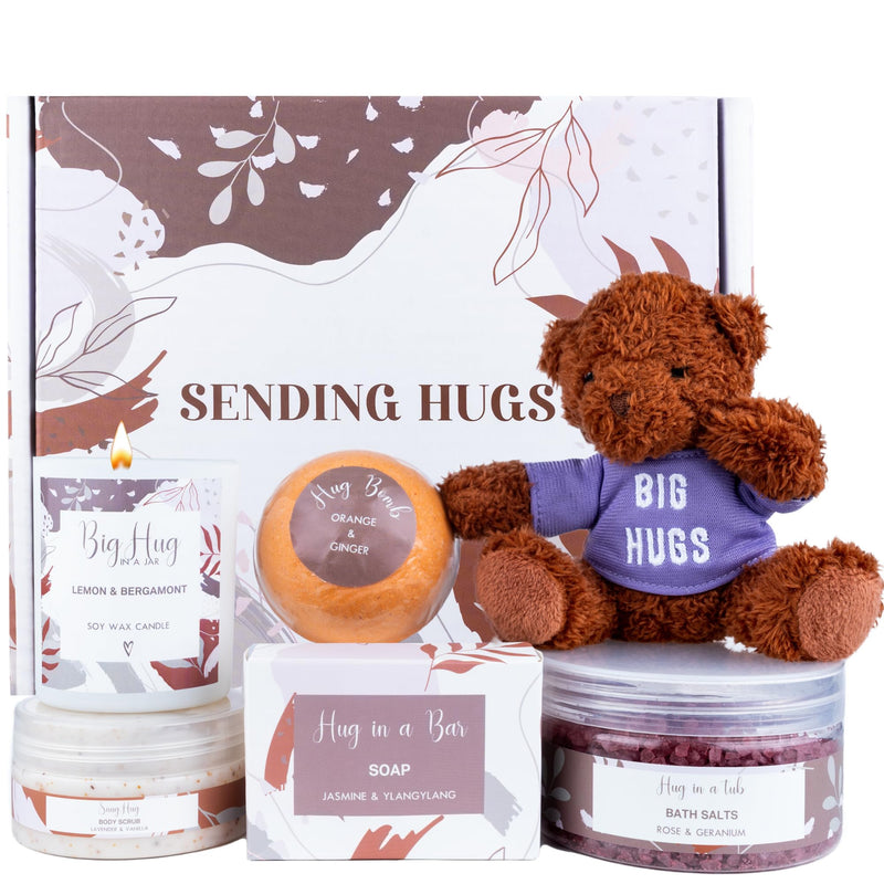 Hug Pamper Gift for Her, Care Package Pamper Gift Set for women, Bath set for a Relaxation Spa day at home. Great thinking of you gift idea with Teddy