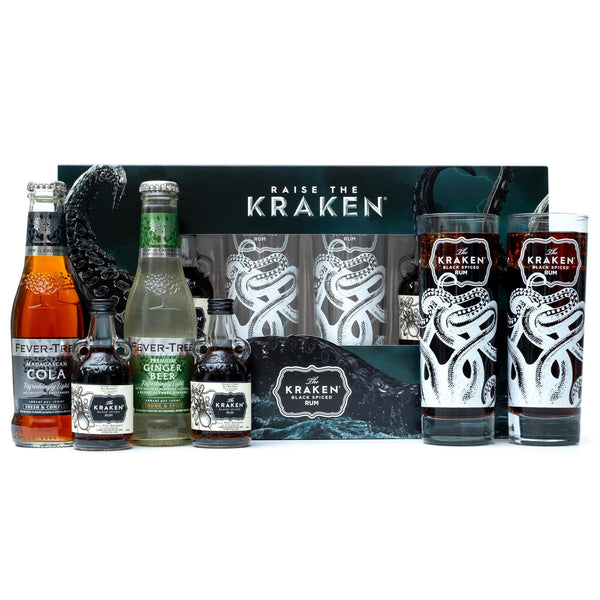 The Kraken Experience, Spiced Rum Gift Set - 2x 5cl Kraken Rum Black Spiced, 2x Rum Glass and x2 Fever Tree Ginger Beer, Cola 200ml - Cocktail Rum Gifts for Men, Alcohol Miniatures, Christmas