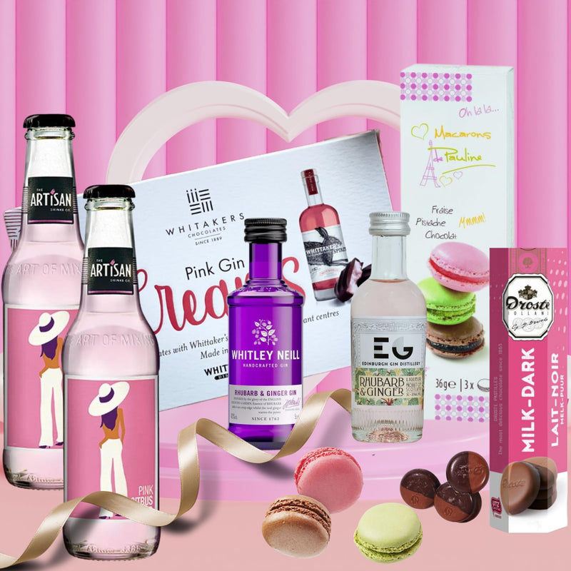 Pink Gin Gift Set - Gin Gifts for Women, Gin and Tonic Birthday Gifts for Her with Chocolate - Boxed Hamper Presents for Best Friend and Gin Lovers