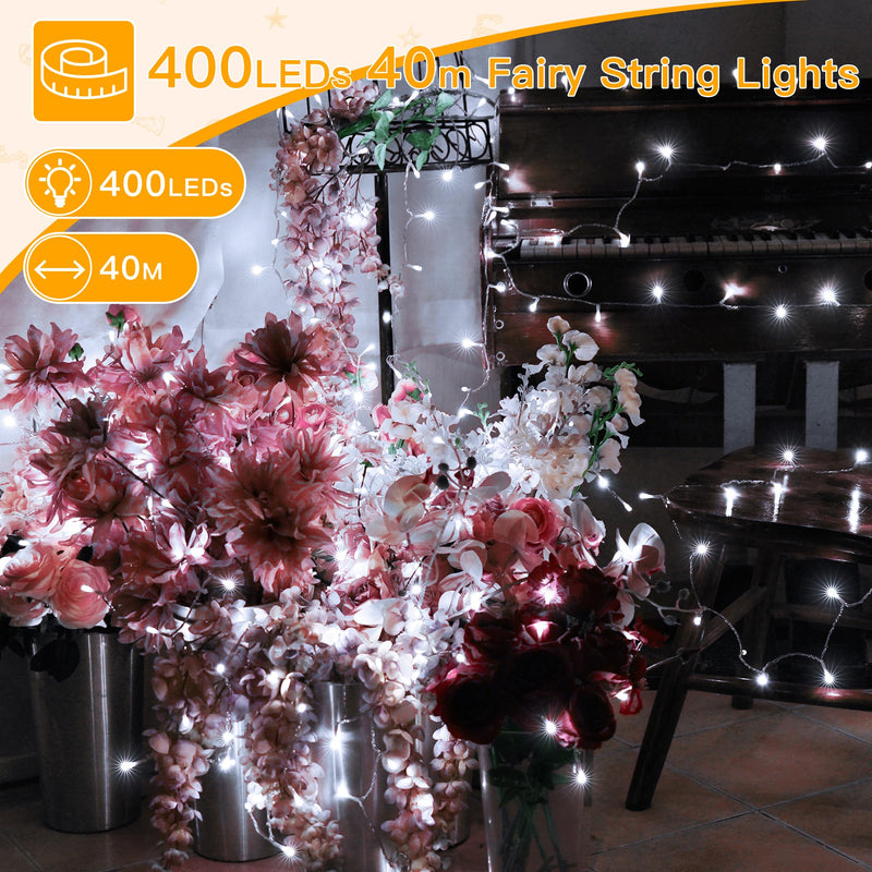 Ollny Christmas Decorations Fairy Lights - 40m 400LED Outdoor Christmas Tree Lights Xmas String Lights/8 Lighting Modes Cluster Bedroom Garden Window Garland Outside Lights Mains Powered(Cool White) - Gift Guide