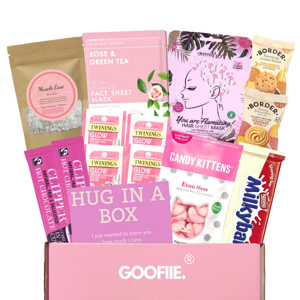 Hug in a box Care Package for her Pamper Gift Set for women with Bath Salts, Masks & Food for a Relaxation Spa day at home.