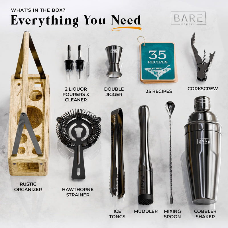 BARE BARREL® Martini Cocktail Making Kit | Bartender Kit Cocktail Shaker Set Maker | Farmhouse Rustic Portable Caddy & 35 Recipe Cards | Mixology Cocktail Gift Set (Black.)