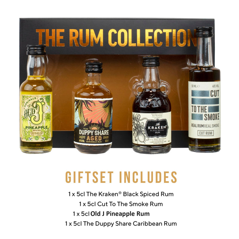 Spiced Rum Gift Set - Kraken Rum, Old J Pineapple Flavoured, Duppy Share Aged Rum, Cut Rum, Mini Alcohol Bottles x4 5cl - Rum Miniatures Birthday Gifts for Men, Dad Gifts, Drinks for Christmas