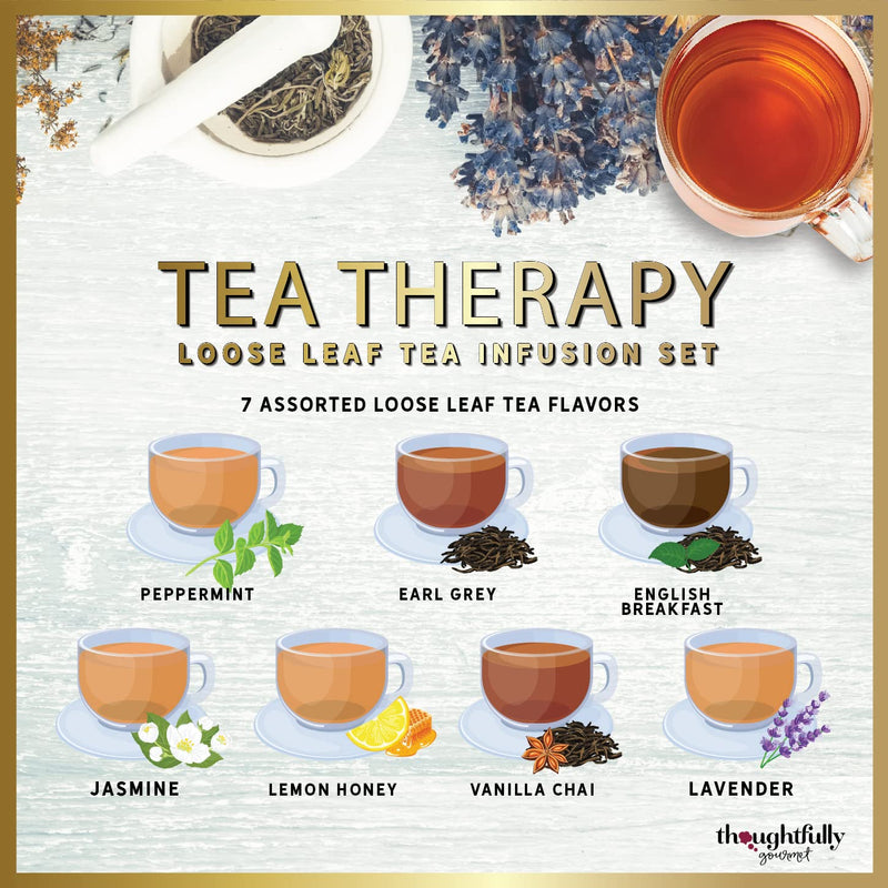 Thoughtfully, Tea Therapy Tea Infusion Gift Set, Includes 7 Uniquely Flavoured Loose Leaf Teas and Tea Infuser, Pack of 7 - Gift Guide