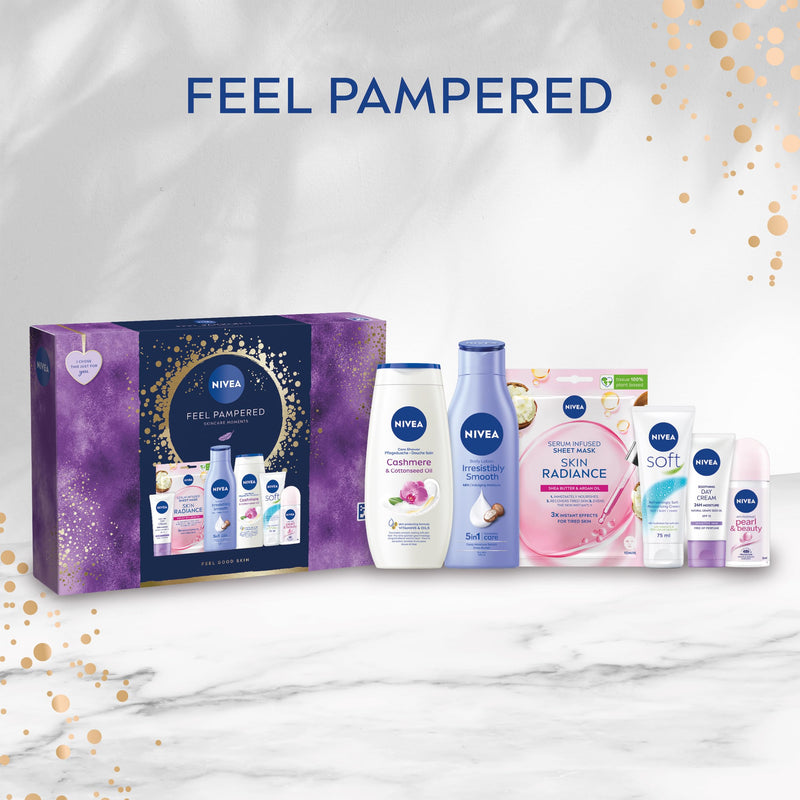 NIVEA Feel Pampered Skincare Gift Set (6 Products), Women's Gift Set Includes Shower Cream, Anti-Perspirant, Body Lotion, Soothing Day Cream SPF15, Soft Moisturising Cream and Face Sheet Mask