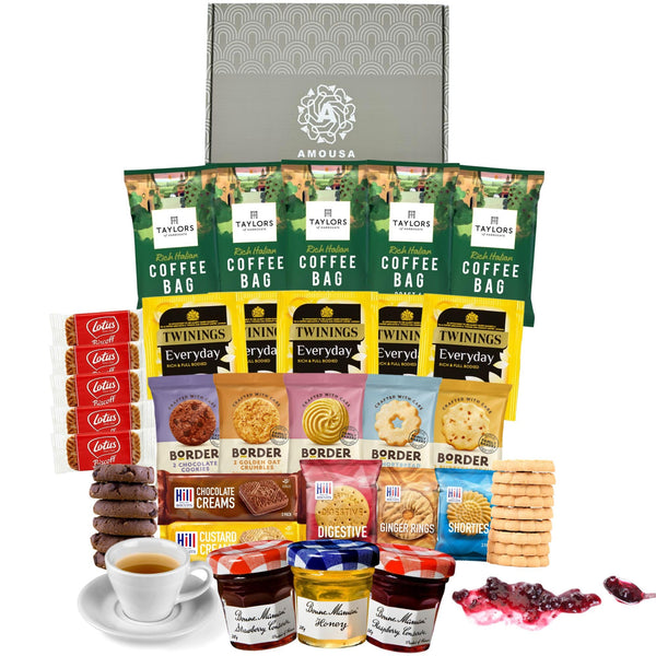 Afternoon Tea Hamper & Coffee Gift Set-This Tea and Coffee Hamper Gift Includes Taylors Coffee Bags, Everyday Tea Bags, Bonne Maman Mini Jams & Honey, Border Biscuits, Biscoff & Hill Biscuits - Gift Guide