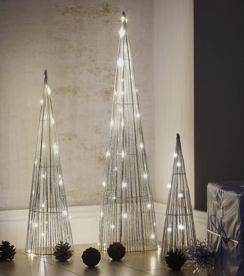 Marco Paul Christmas Set of 3 Silver Light Up Cone Trees Festive LED Christmas Decorations Pre-Lit Xmas Tree Set Indoor Ornamental Pyramid Metal Ornaments Home Decor Wire Warm White LED Lighting - Gift Guide