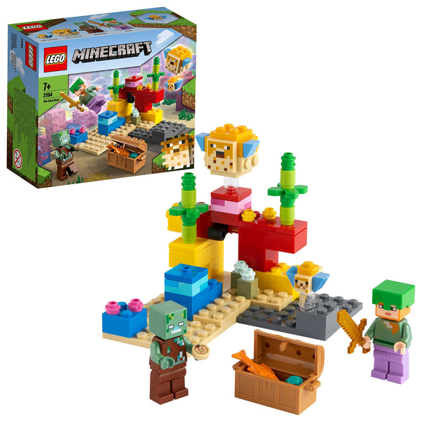 LEGO 21164 Minecraft The Coral Reef Building Toy with Alex, 2 Brick-Build Puffer Fish and Drowned Zombie Figures, Gifts for Kids, Boys & Girls