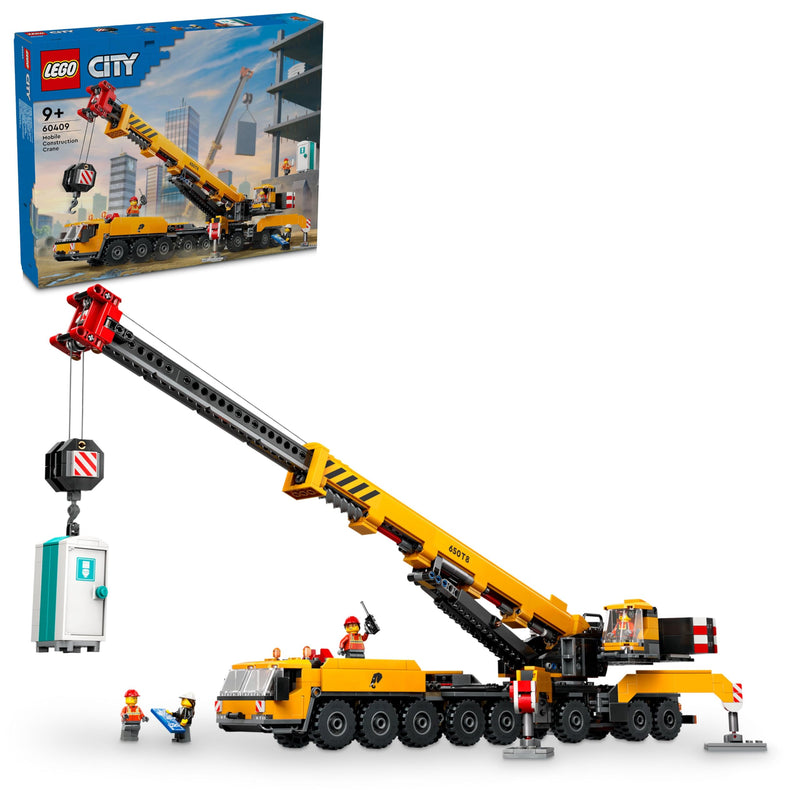 LEGO City Yellow Mobile Construction Crane Toy, Vehicle Building Set for 9 Plus Year Old Boys and Girls, Long Extendable Boom and 4 Worker Minifigures for Role Play, Creative Gift for Kids 60409